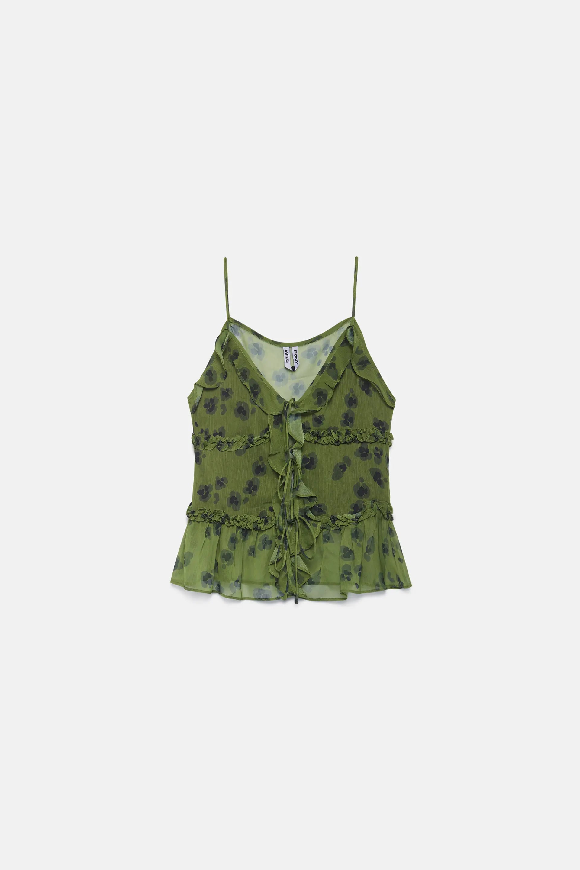 Wild Pony Camu floral ruffled strap top