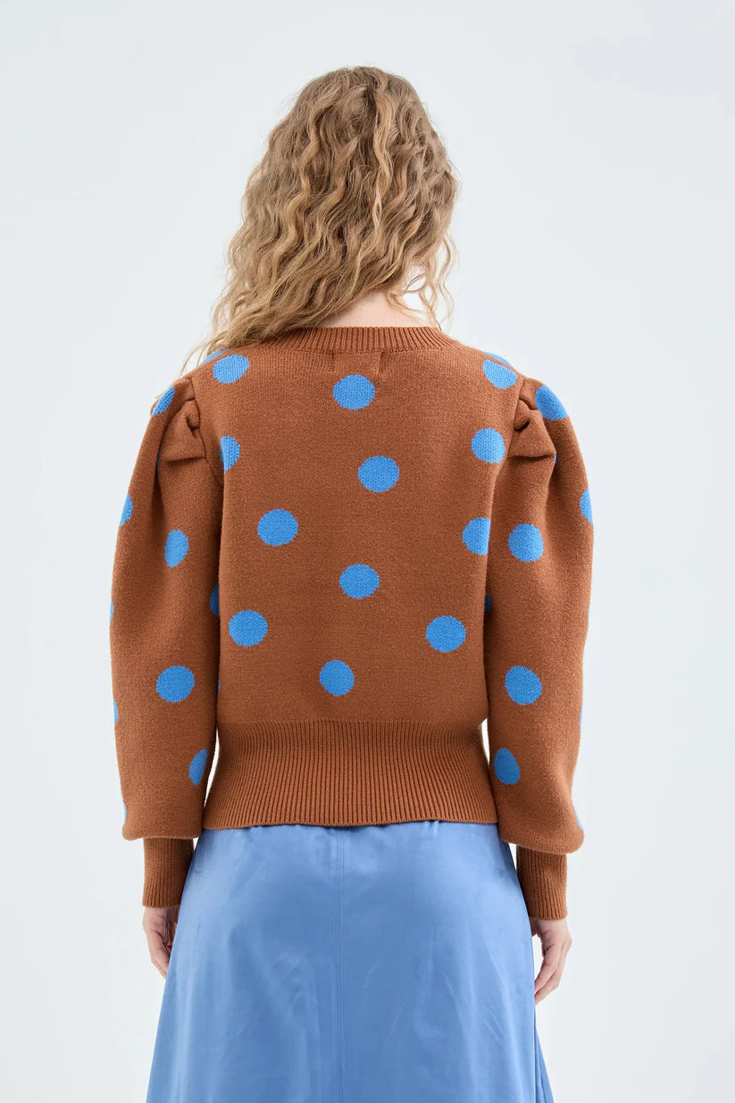 Compania Fantastica Brown Polka Dot Print Puff Sleeve Knitted Sweater - clever alice