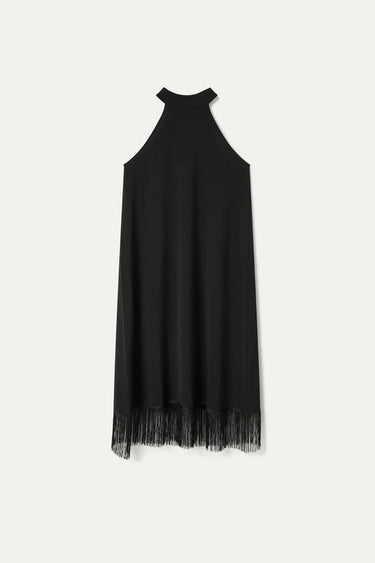 Compania Fantastica Black Fringe Halter Dress