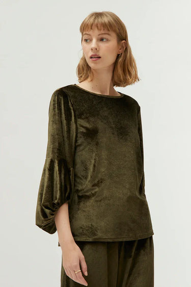 Compania Fantastica Green Puff Sleeve Velvet Top