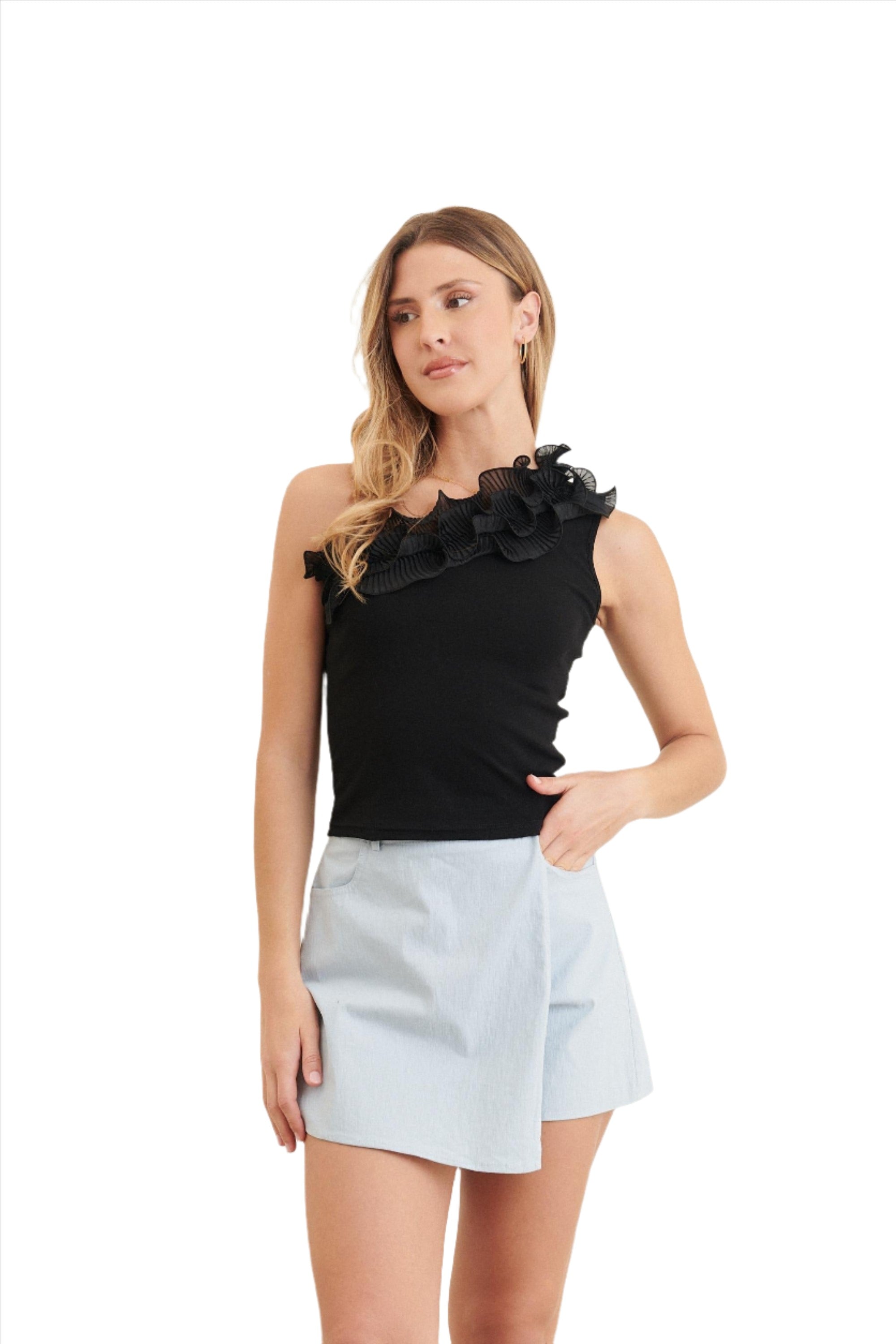 Clever Alice Ruffle Shoulder Tank in Black 