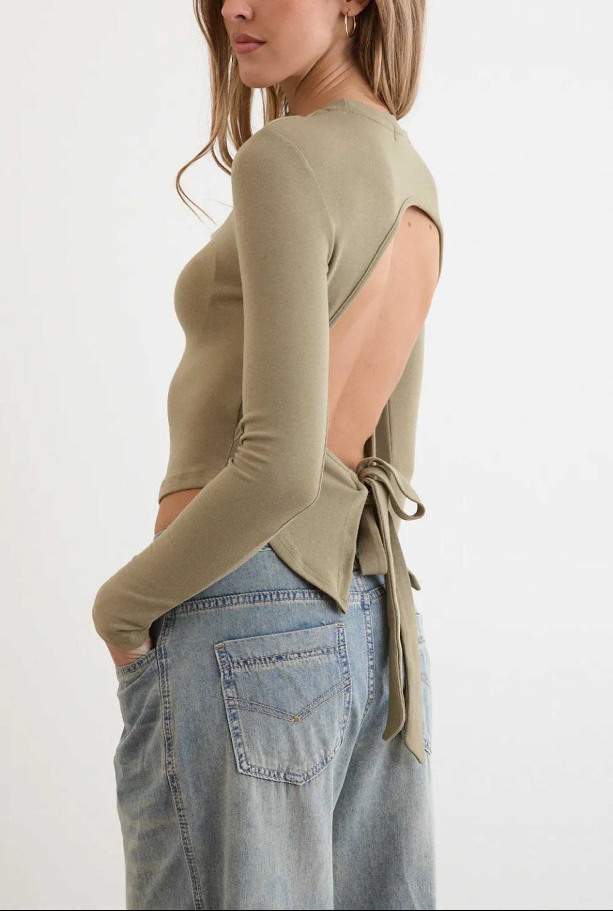 Clever Alice Backless Long-Sleeve in Sage 