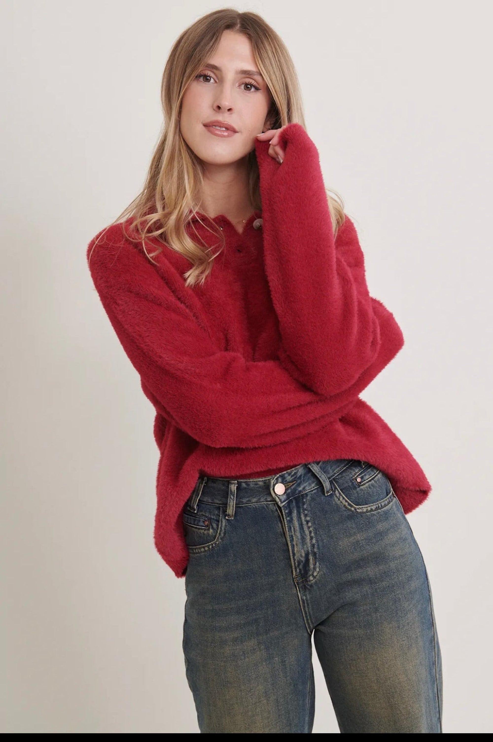 Clever Alice Fuzzy Collared Sweater in Three Colors - clever alice
