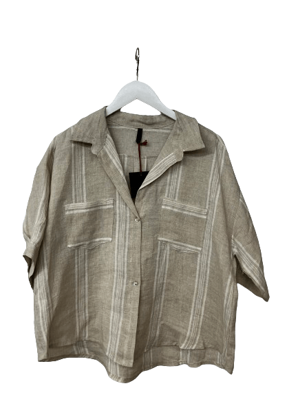 Inizio Linen Striped Shirt in Tan - clever alice