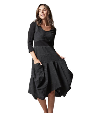 Inizio Linen Black Striped Puff Dress in Black 