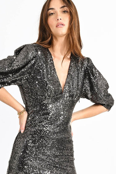 Black Sequined Dress with Baloon Sleeves 