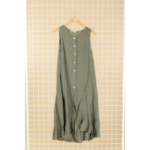 Clever Alice Button Linen Dress in Multiple Colors - Khaki Green - Dresses