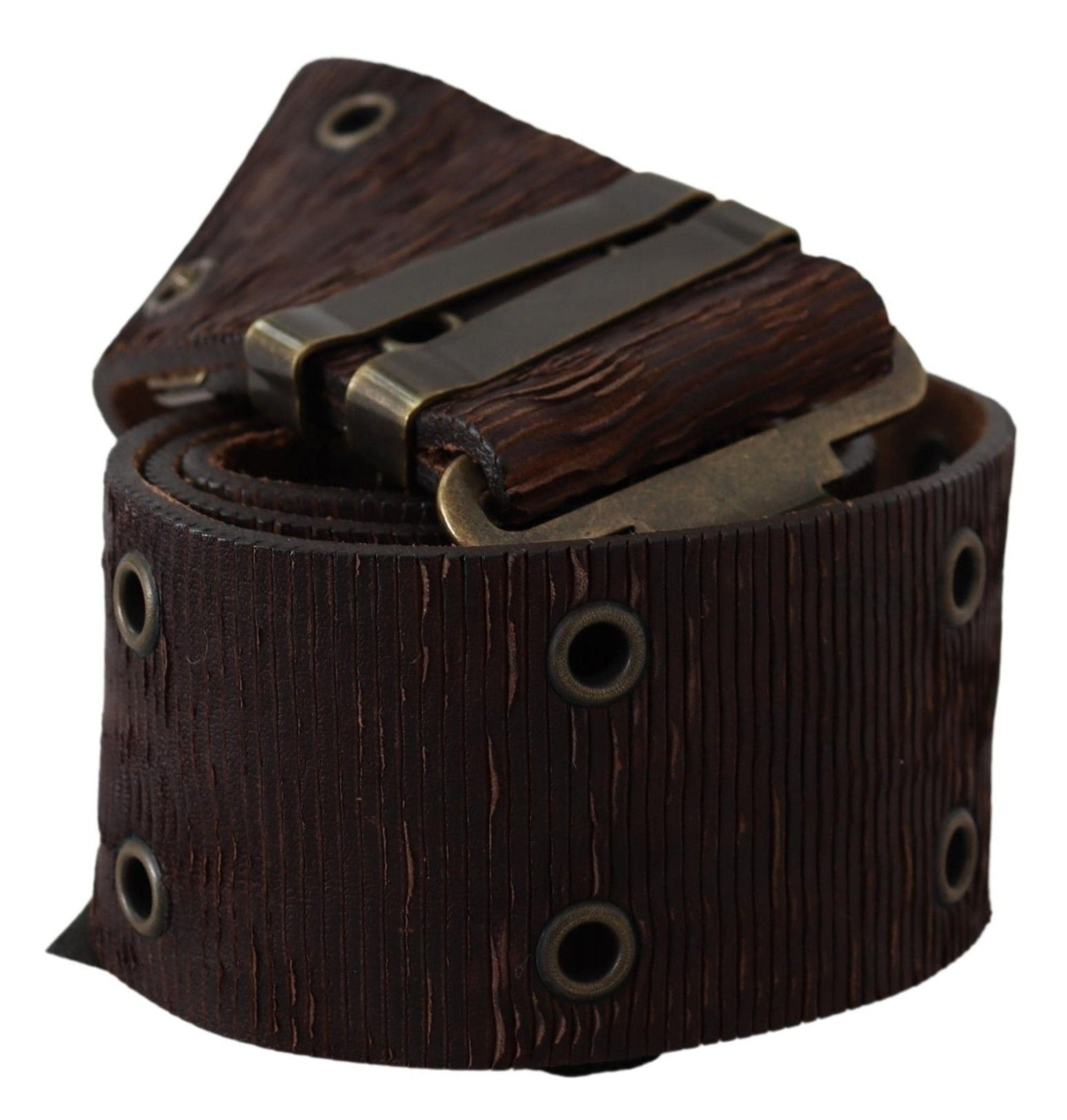 PLEIN SUD Brown Carving Effect Leather Bronze Metal Belt - clever alice